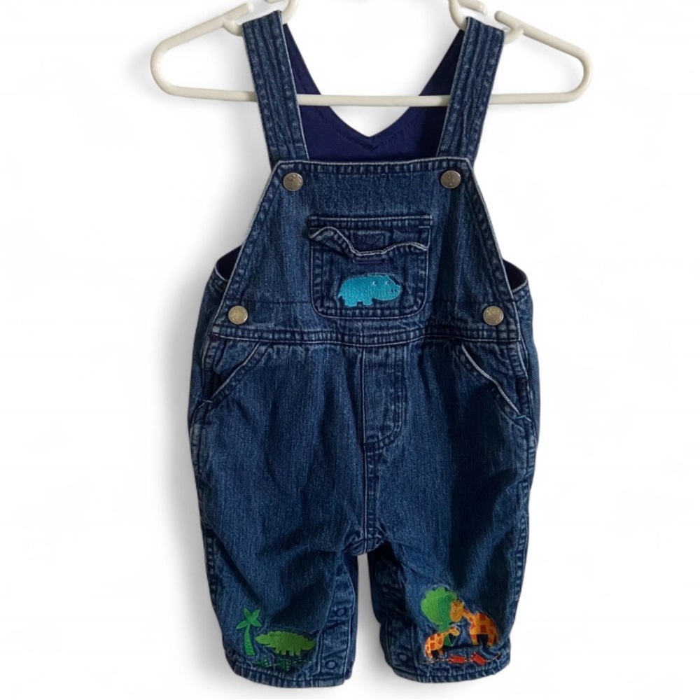 Vintage 80-90s Osh Kosh Blue Animal‎ Embroidered Patch Baby Denim Overalls 3-6M